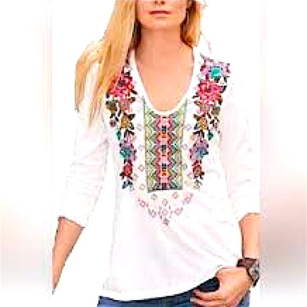 JOHNNY WAS Small Top long sleeve Floral embroidery women’s V Neck Tshirt cotton